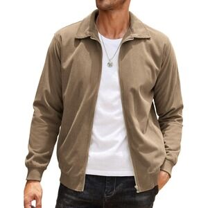 COOFANDY Men's Tan Suede Bomber Jacket Full Zip Collared Size L